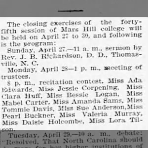 Recital for Mars Hill College-Miss Mabel Carter
