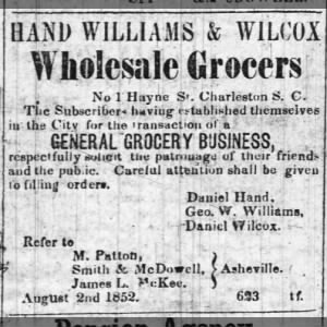 Hand, Williams,& Wilcox Est in CHS 2 August 1852.. M.Patton, Smith & McDowell, James McKee in Asher